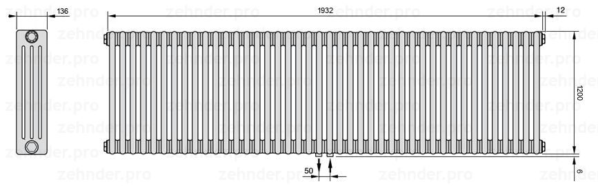 Схема (чертеж) Радиатор Zehnder Charleston 4120/42 №5410 Белый глянцевый RAL 9016
